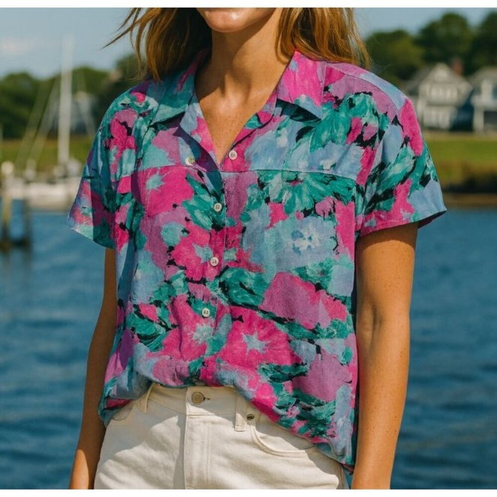 Jen's Pirate Booty Earth Floral Short Sleeve Top Size M